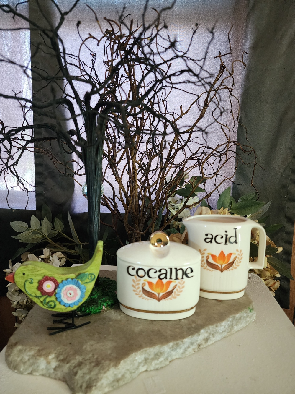 Vintage Ceramic 'Cocaine' Canister and 'Acid' Pitcher - White with Orange Floral